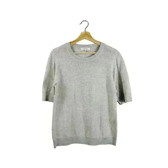 FRAME Women's L Off White Multi Short Sleeve Crew Neck Knit Sweater Ribbed - Picture 1 of 8